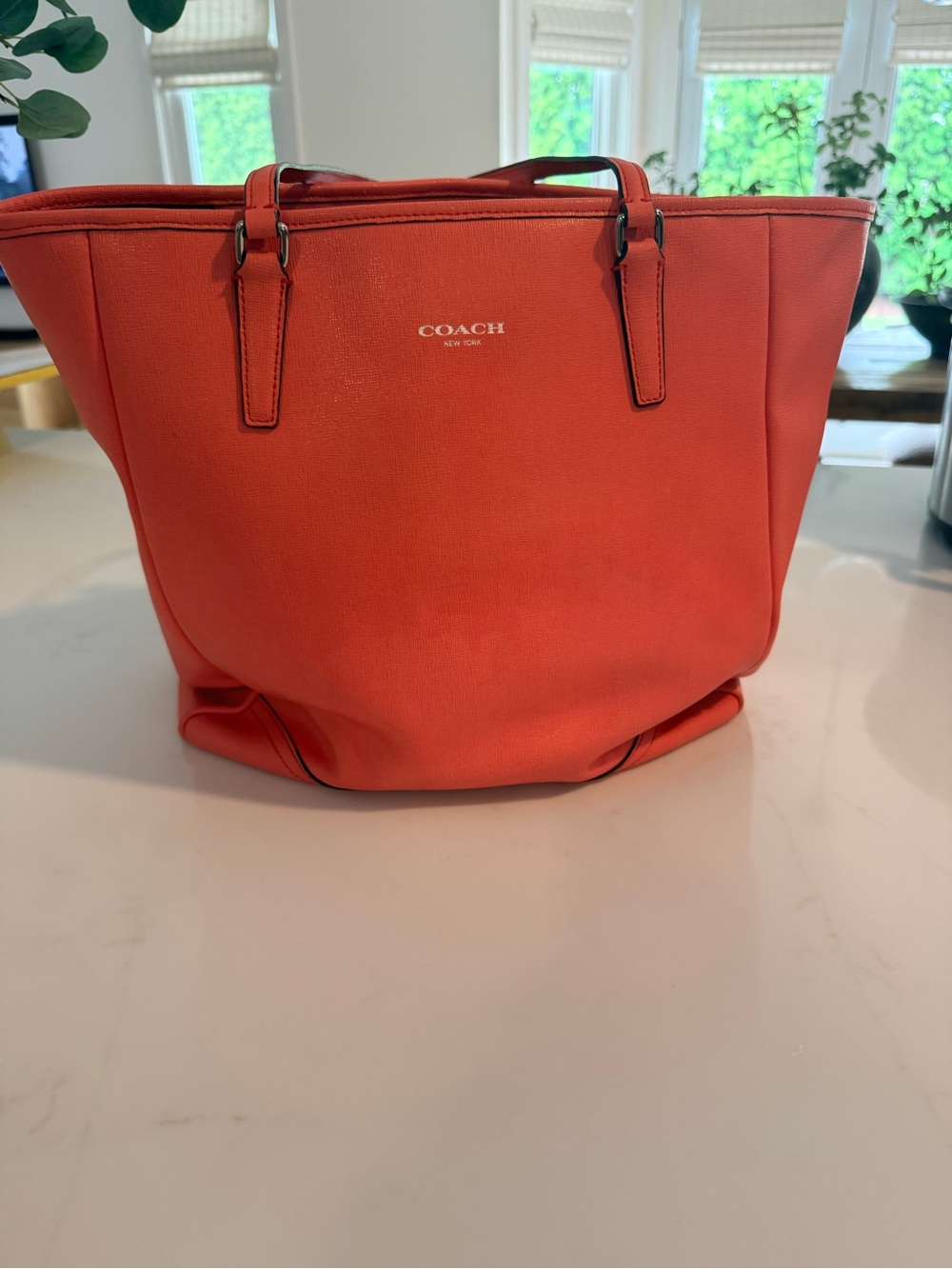 Coach Coral Orange Saffiano-Style Zip Top Tote Bag
